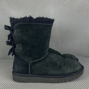 UGG Bailey Bow II Boots Womens Size 7 Black Leather Sheepskin Pull On Winter